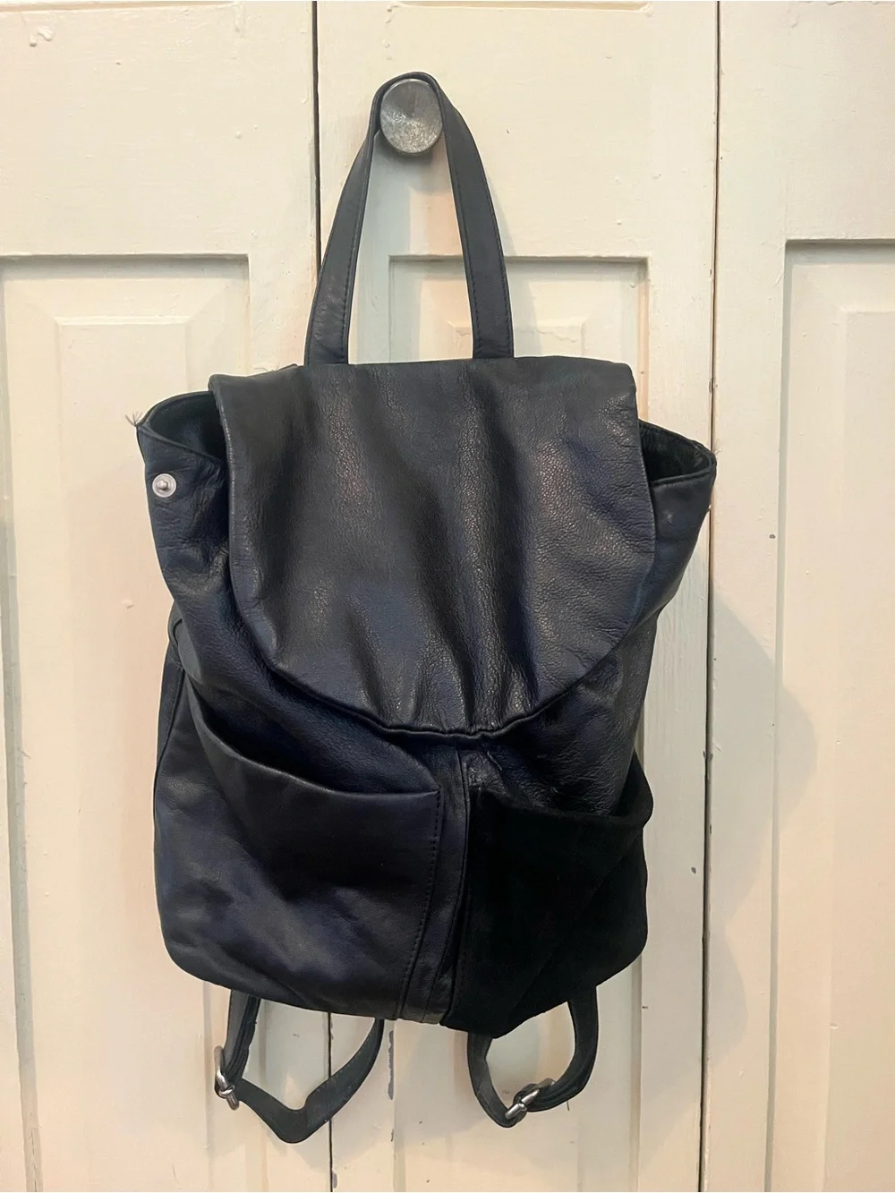 Sleek Black Leather Flap Backpack